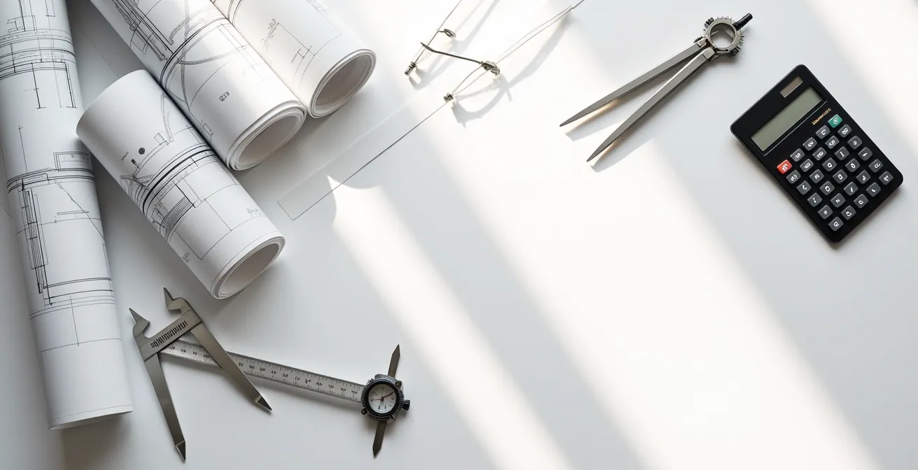 Vue aérienne d'un bureau avec plans de canalisations et outils de mesure