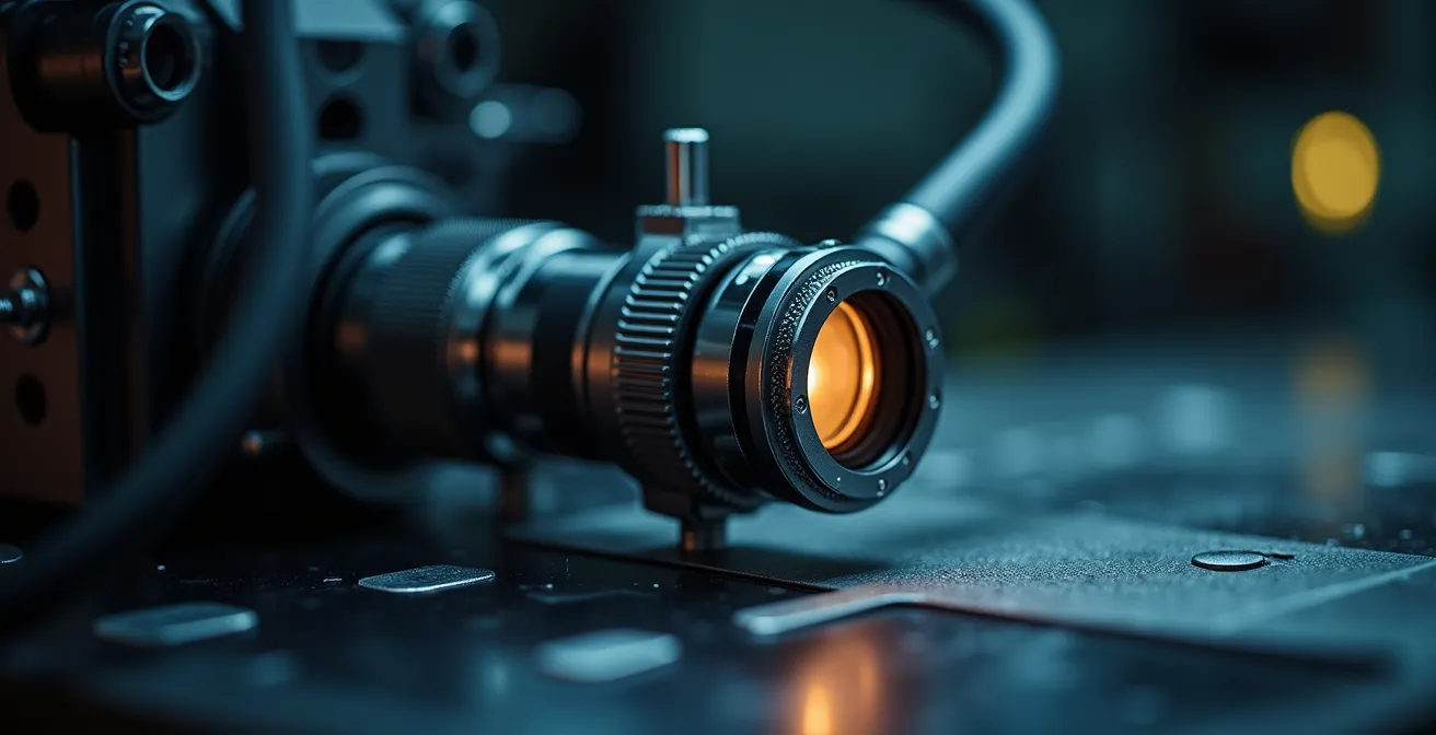 Détail en macro d'une tête de caméra d'inspection avec ses composants techniques
