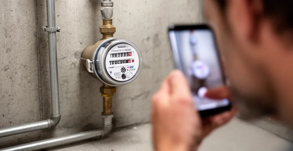 Compteur d'eau résidentiel avec index visible pour test de détection de fuite