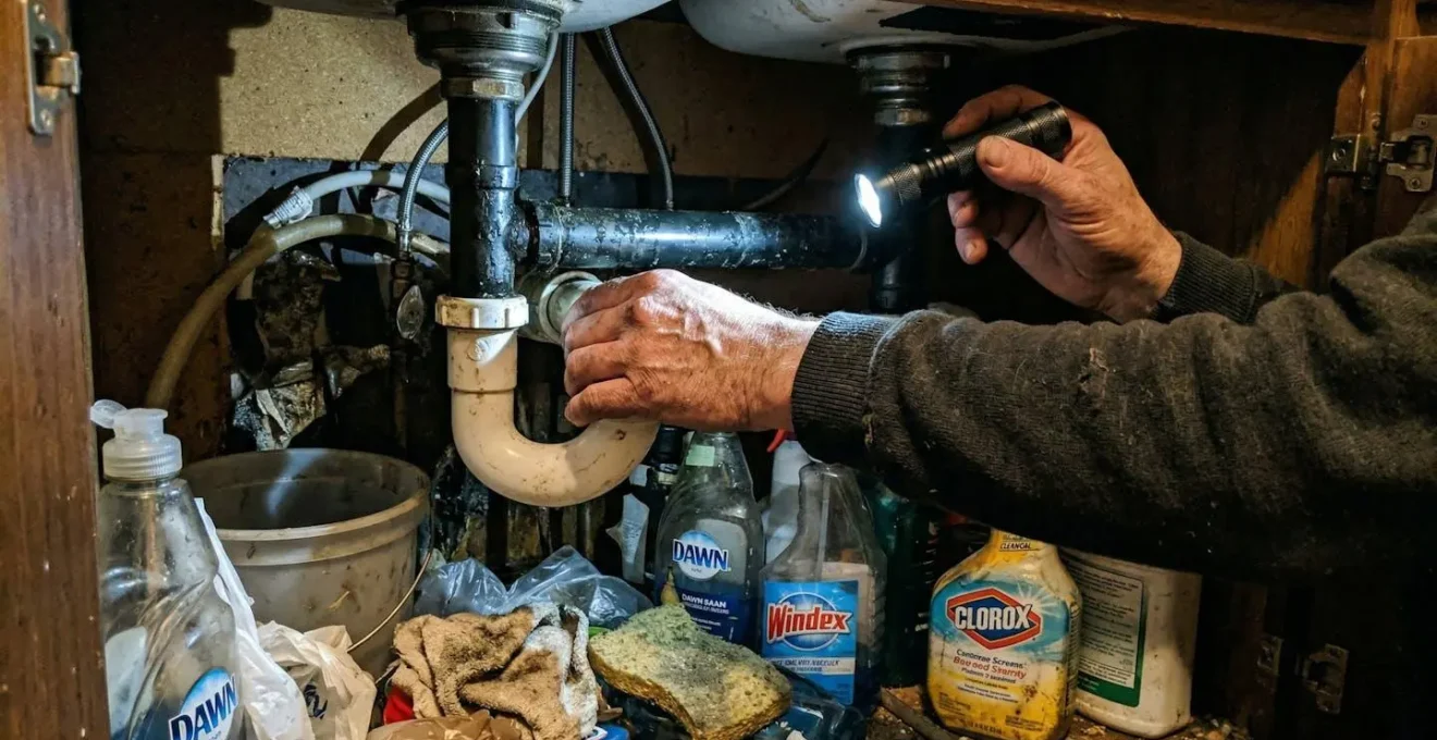 Gros plan sur des mains tenant une lampe torche inspectant sous un évier de cuisine avec des produits ménagers autour