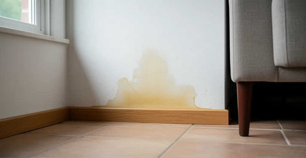 Auréole d'humidité jaunâtre sur mur blanc près d'une plinthe, signe possible de fuite d'eau cachée