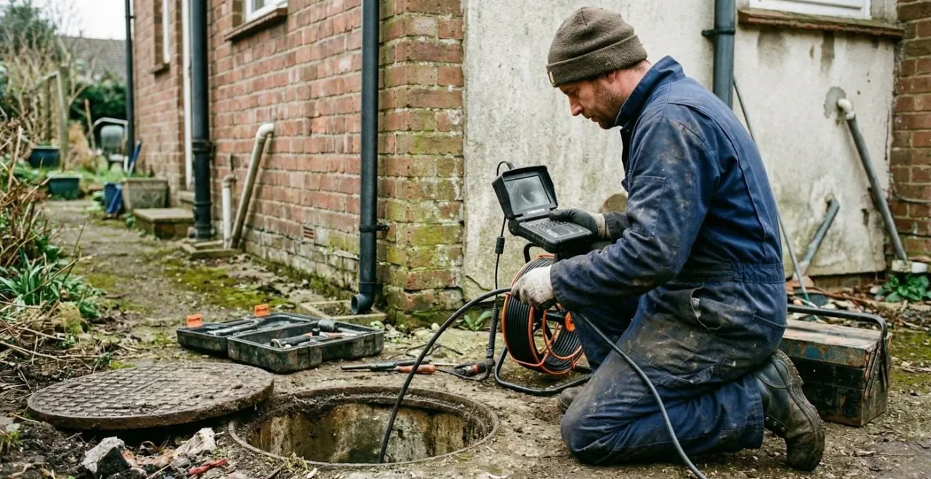 Technicien en tenue de travail manipulant une caméra endoscopique près d'un regard extérieur de maison vu de profil