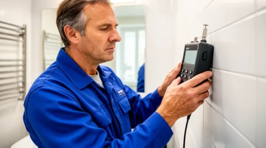 Technicien en recherche de fuite utilisant un détecteur acoustique contre un mur carrelé