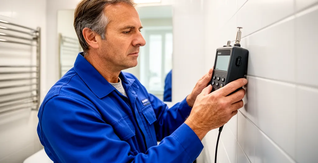 Technicien en recherche de fuite utilisant un détecteur acoustique contre un mur carrelé
